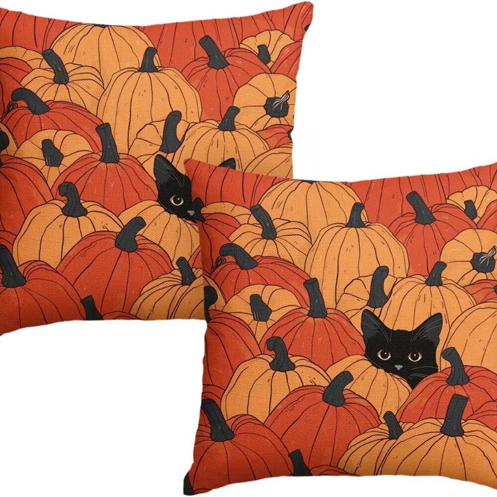 Fall Pumpkins Throw Pillow Covers 18x18 Inch, Black Cat Seasonal Autumn Thanksgi